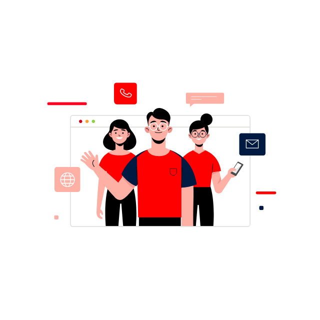 a business team of three waving, phone, email and globe illustration