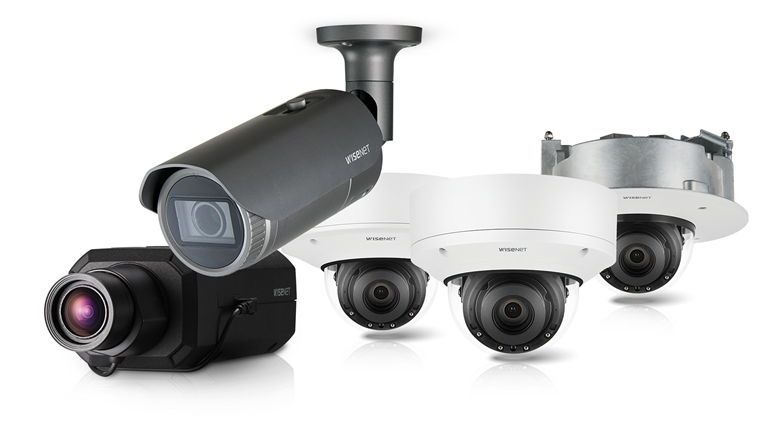 Hanwha Wisenet surveillance cameras next to each other