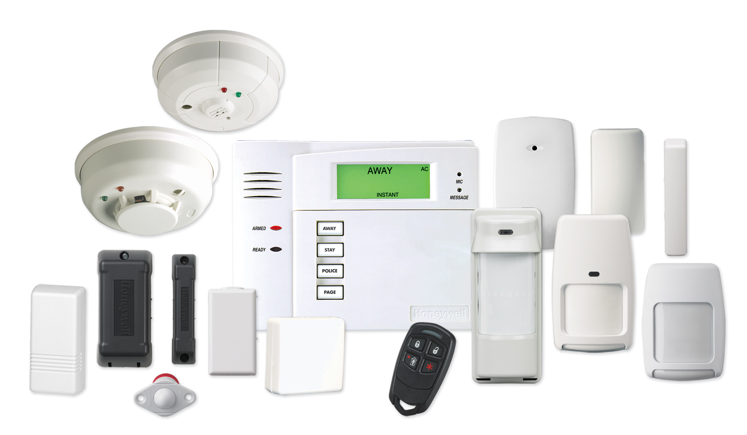 Illustration with motion detectors, fire detectors, a control panel and access control keys