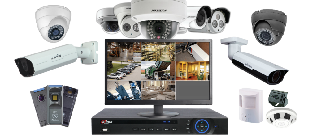an intergrated cctv setup with surveilance cameras, dvr, and monitor